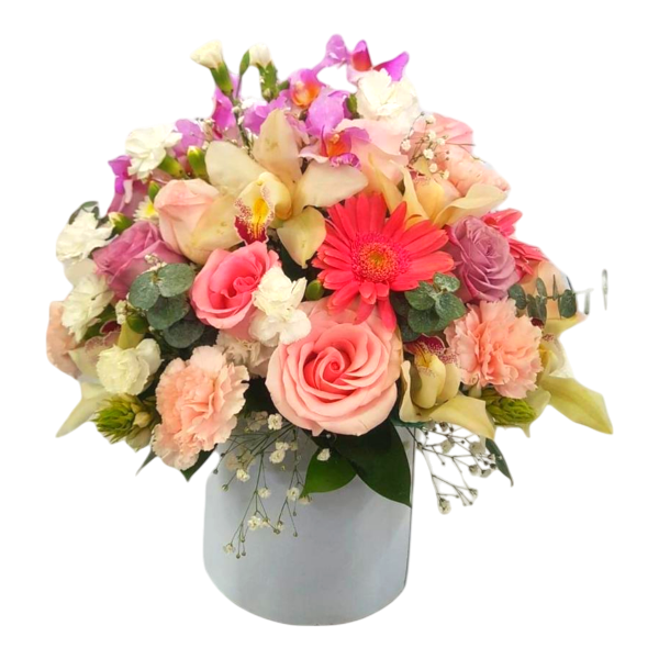 Arreglo floral elegante con rosas rosadas y color melocotón, gerbera fucsia, orquídeas amarillas y moradas, claveles color durazno y follaje verde en jarrón blanco.